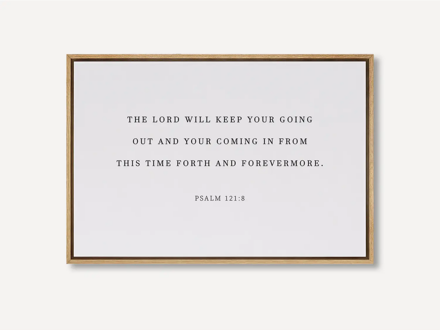 Anchor your travels and home in divine protection with this inspiring Christian canvas wall art. This framed canvas print features the comforting promise from Psalm 121:8: "The Lord will keep your going out and your coming in."