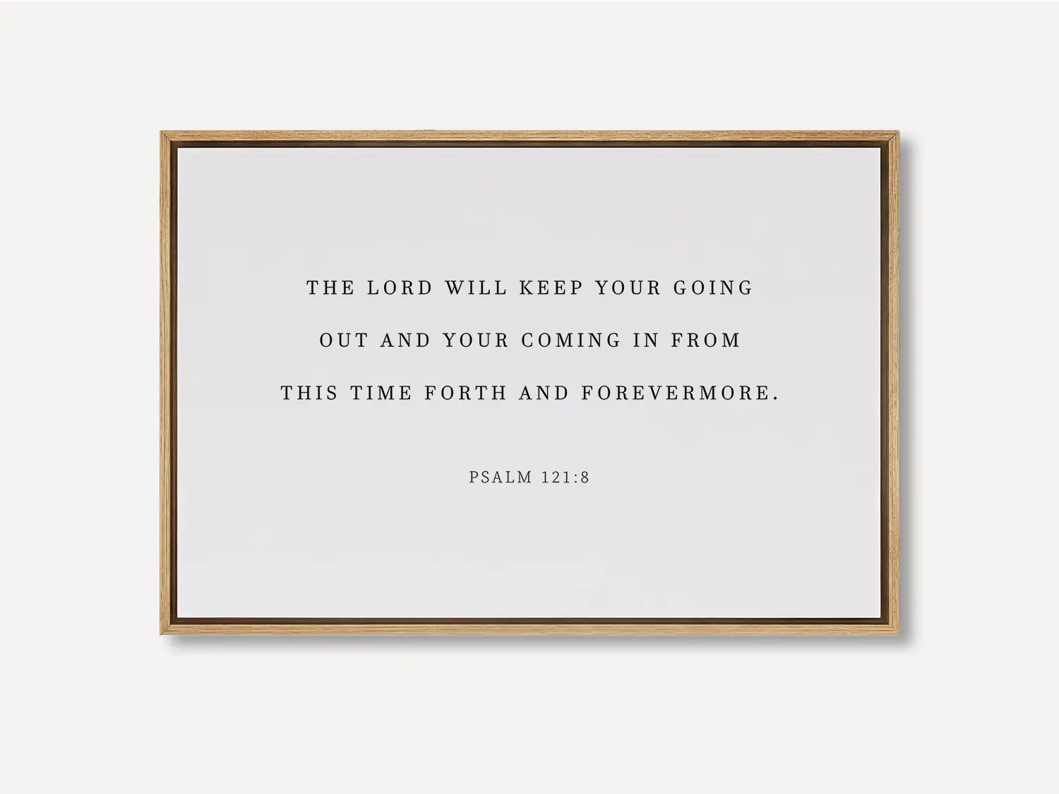 Anchor your travels and home in divine protection with this inspiring Christian canvas wall art. This framed canvas print features the comforting promise from Psalm 121:8: "The Lord will keep your going out and your coming in."