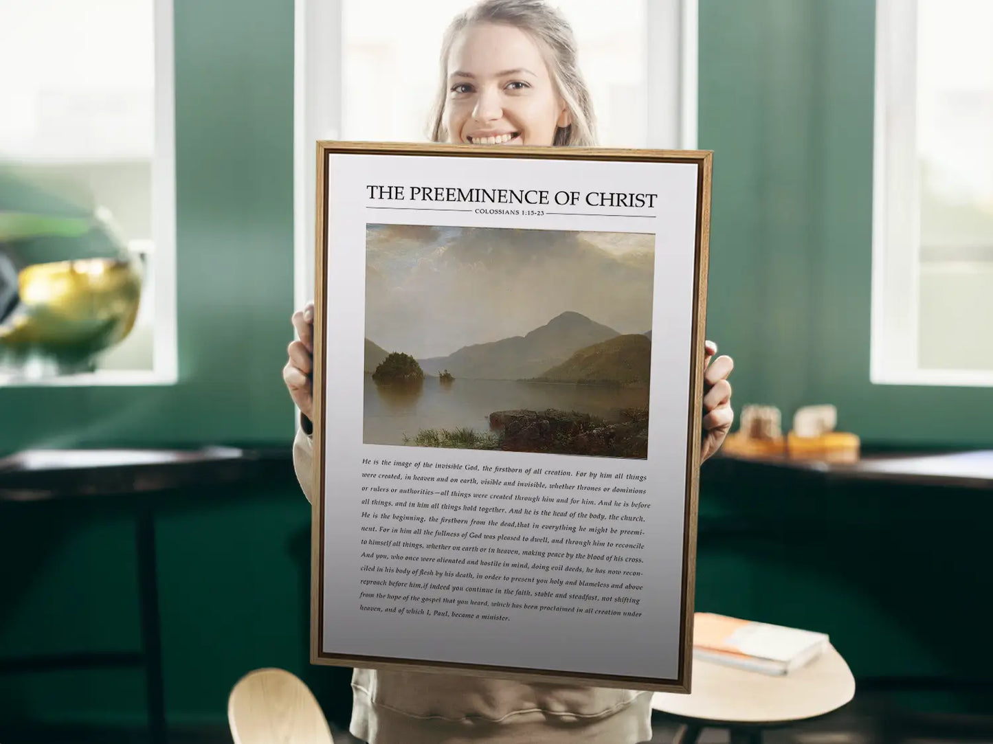 Anchor your home in the sovereignty of Christ with this inspiring Christian canvas wall art. This framed canvas print features a powerful landscape painting paired with the foundational theological truth from Colossians 1 on the preeminence of Jesus.