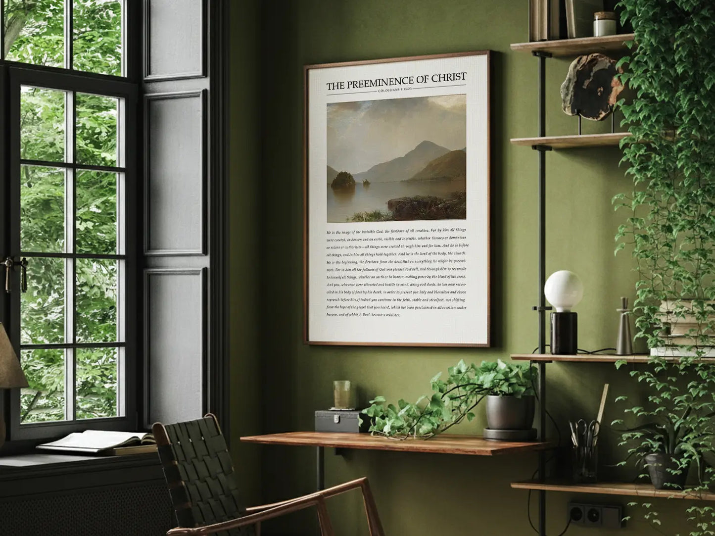 Anchor your home in the sovereignty of Christ with this inspiring Christian canvas wall art. This framed canvas print features a powerful landscape painting paired with the foundational theological truth from Colossians 1 on the preeminence of Jesus.