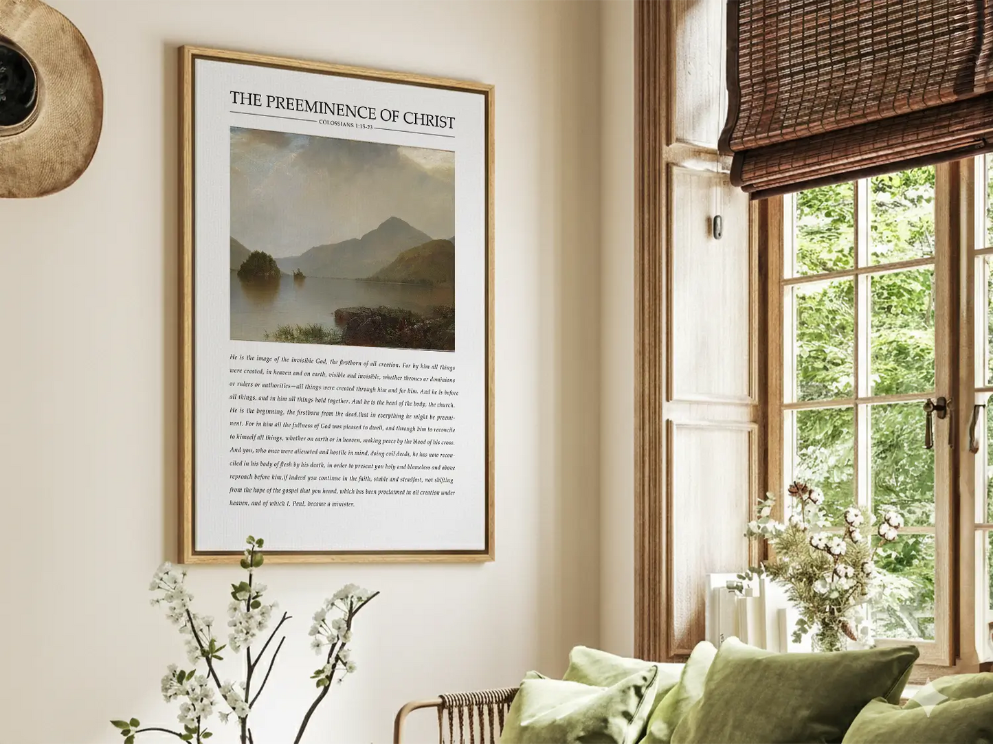 Anchor your home in the sovereignty of Christ with this inspiring Christian canvas wall art. This framed canvas print features a powerful landscape painting paired with the foundational theological truth from Colossians 1 on the preeminence of Jesus.