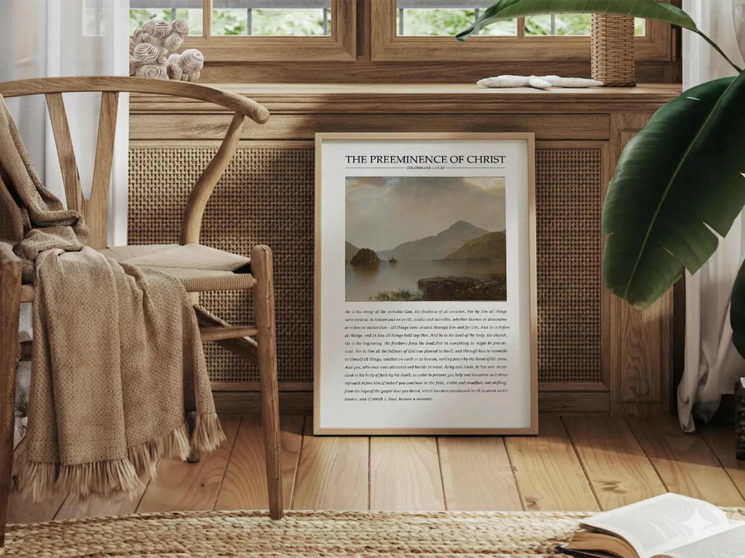 Anchor your home in the sovereignty of Christ with this inspiring Christian canvas wall art. This framed canvas print features a powerful landscape painting paired with the foundational theological truth from Colossians 1 on the preeminence of Jesus.
