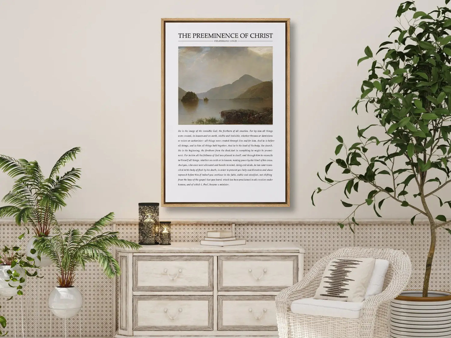 Anchor your home in the sovereignty of Christ with this inspiring Christian canvas wall art. This framed canvas print features a powerful landscape painting paired with the foundational theological truth from Colossians 1 on the preeminence of Jesus.