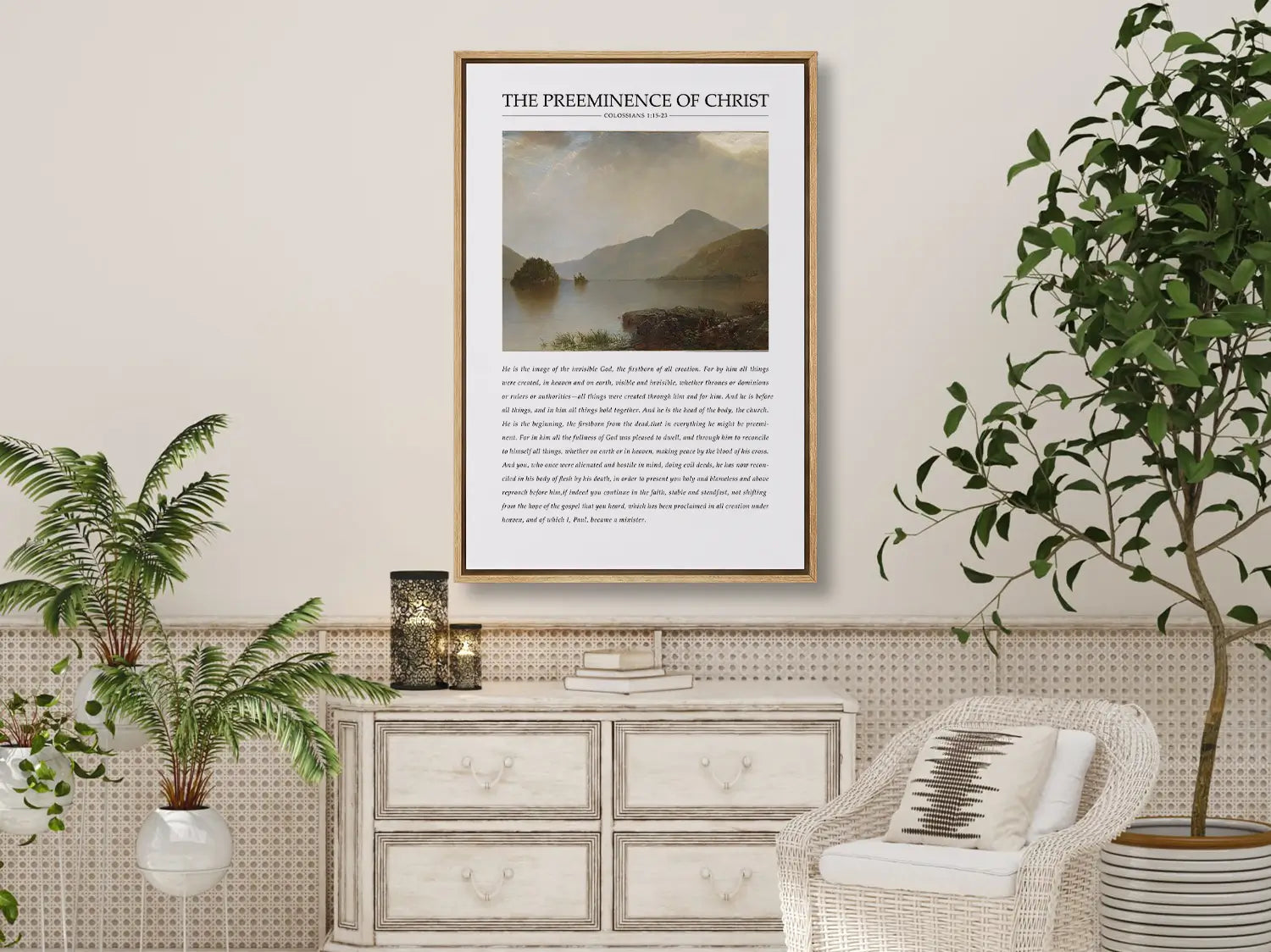 Anchor your home in the sovereignty of Christ with this inspiring Christian canvas wall art. This framed canvas print features a powerful landscape painting paired with the foundational theological truth from Colossians 1 on the preeminence of Jesus.