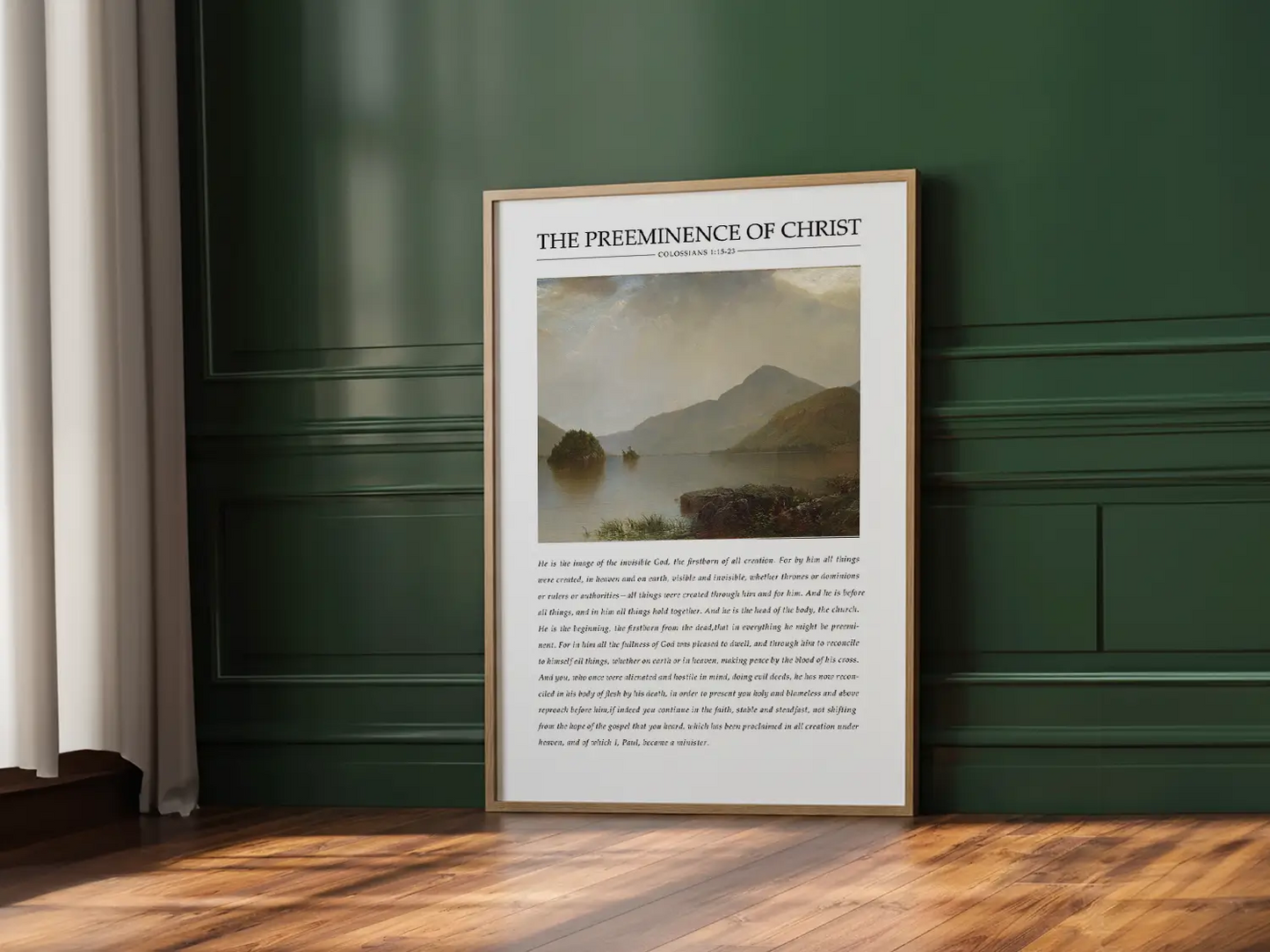 Anchor your home in the sovereignty of Christ with this inspiring Christian canvas wall art. This framed canvas print features a powerful landscape painting paired with the foundational theological truth from Colossians 1 on the preeminence of Jesus.