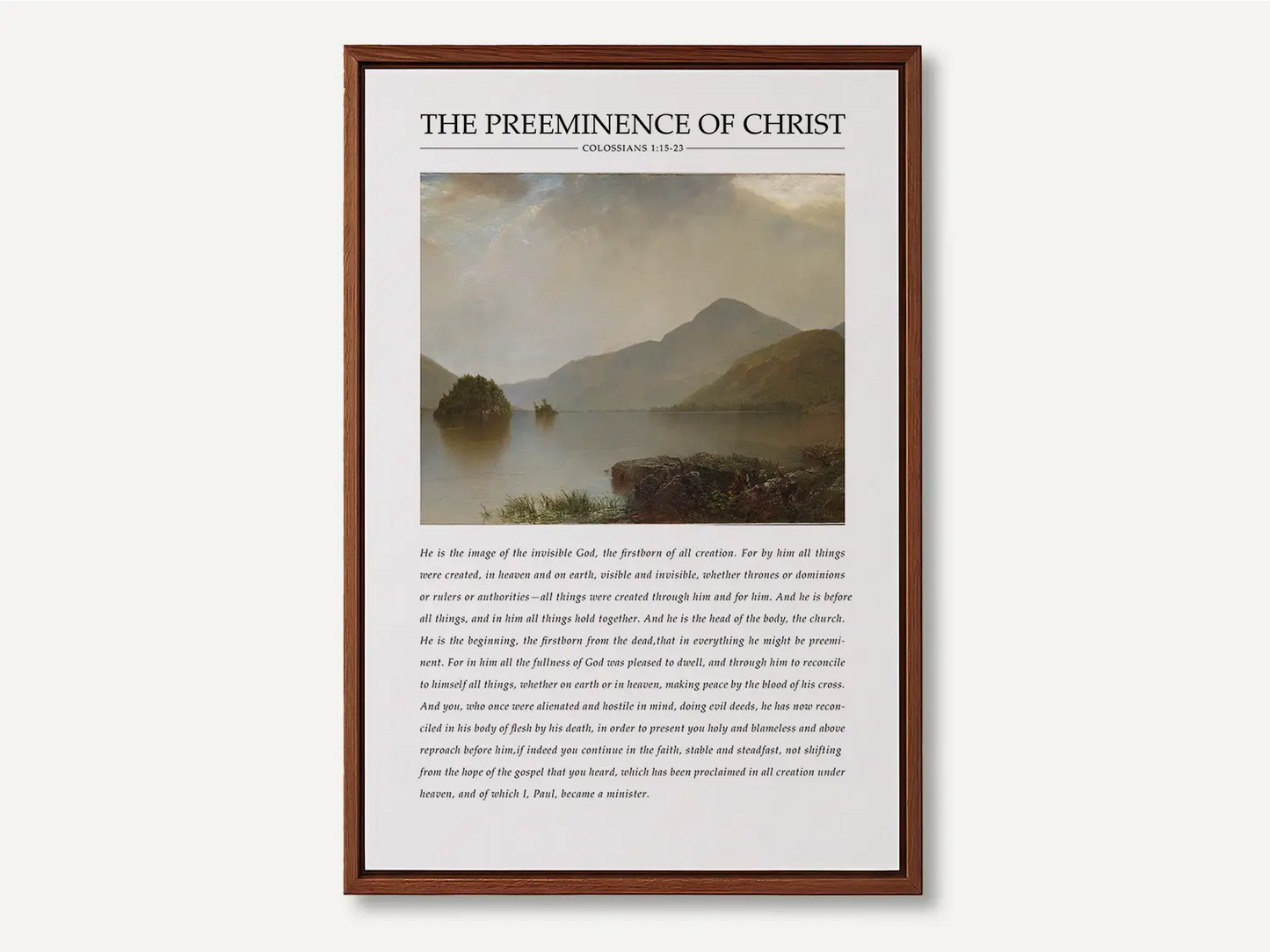 Anchor your home in the sovereignty of Christ with this inspiring Christian canvas wall art. This framed canvas print features a powerful landscape painting paired with the foundational theological truth from Colossians 1 on the preeminence of Jesus.