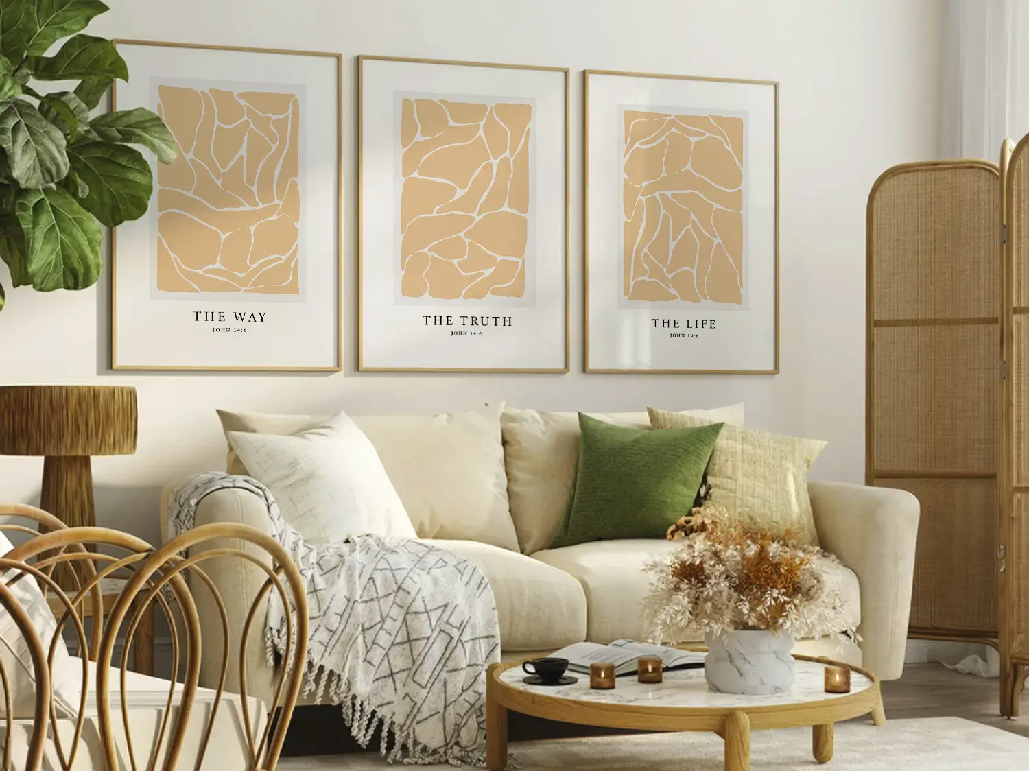 Elevate your space with this inspiring, modern Christian wall art set. This collection of three framed scripture prints features a contemporary abstract design and the powerful truth from John 14:6, perfect for modern or minimalist homes.