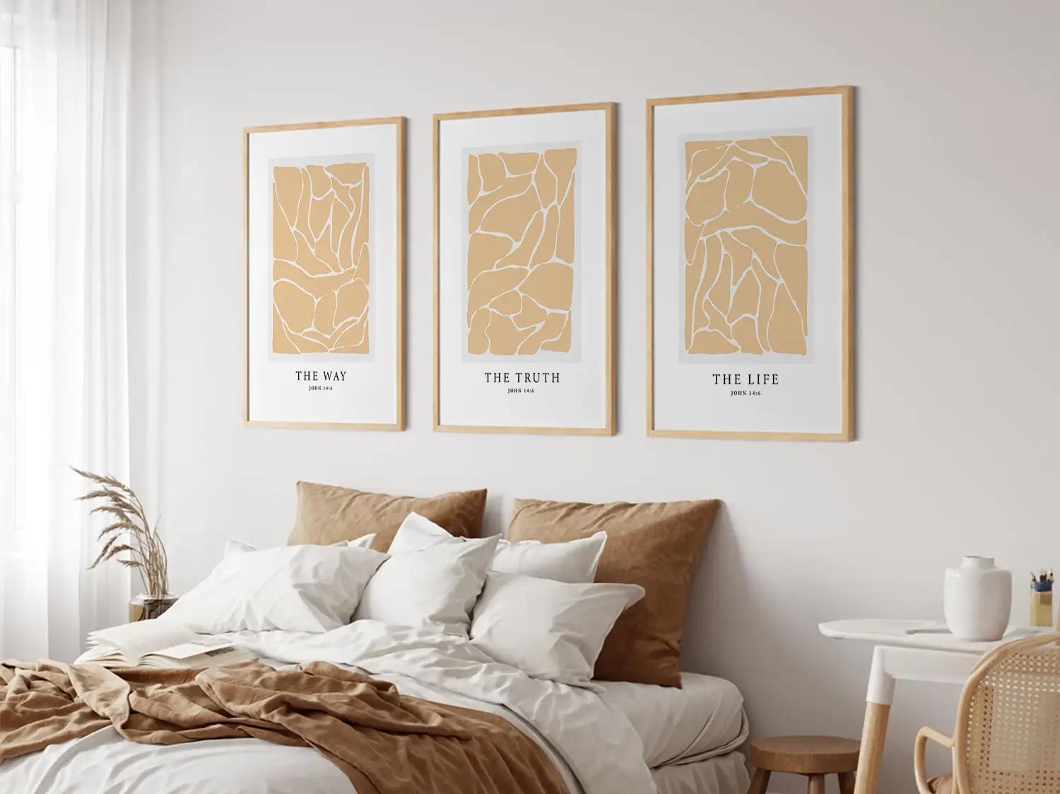 Elevate your space with this inspiring, modern Christian wall art set. This collection of three framed scripture prints features a contemporary abstract design and the powerful truth from John 14:6, perfect for modern or minimalist homes.