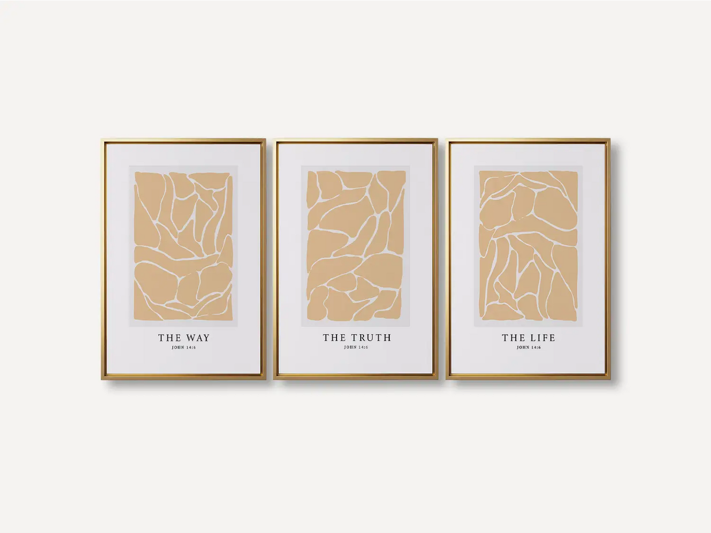 Elevate your space with this inspiring, modern Christian wall art set. This collection of three framed scripture prints features a contemporary abstract design and the powerful truth from John 14:6, perfect for modern or minimalist homes.