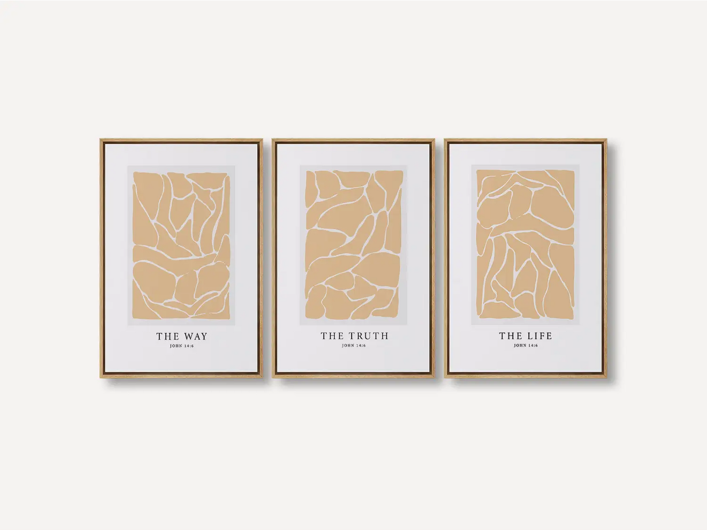 Elevate your space with this inspiring, modern Christian wall art set. This collection of three framed scripture prints features a contemporary abstract design and the powerful truth from John 14:6, perfect for modern or minimalist homes.