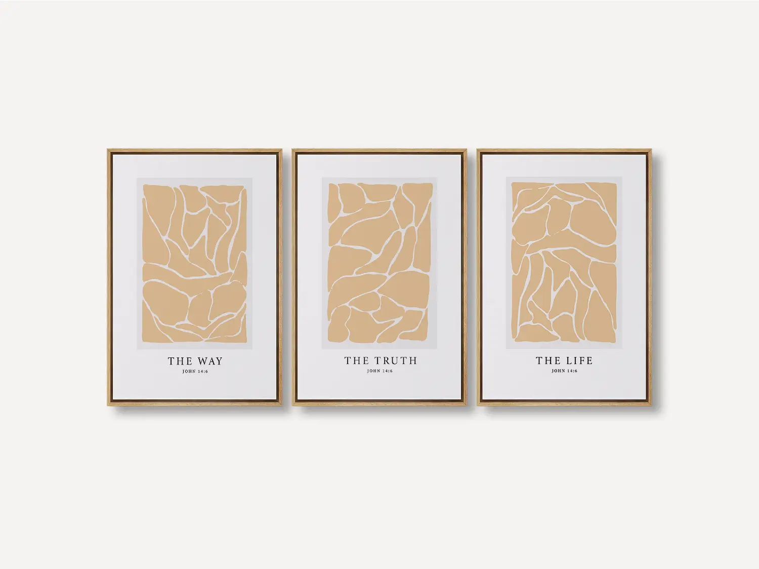 Elevate your space with this inspiring, modern Christian wall art set. This collection of three framed scripture prints features a contemporary abstract design and the powerful truth from John 14:6, perfect for modern or minimalist homes.