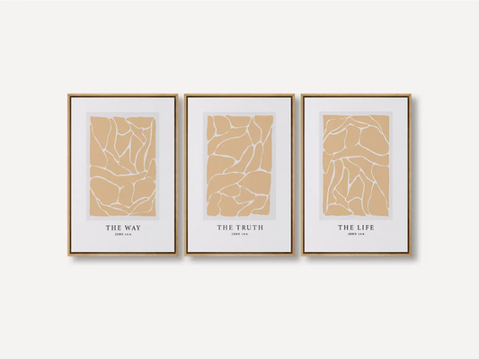 Elevate your space with this inspiring, modern Christian wall art set. This collection of three framed scripture prints features a contemporary abstract design and the powerful truth from John 14:6, perfect for modern or minimalist homes.