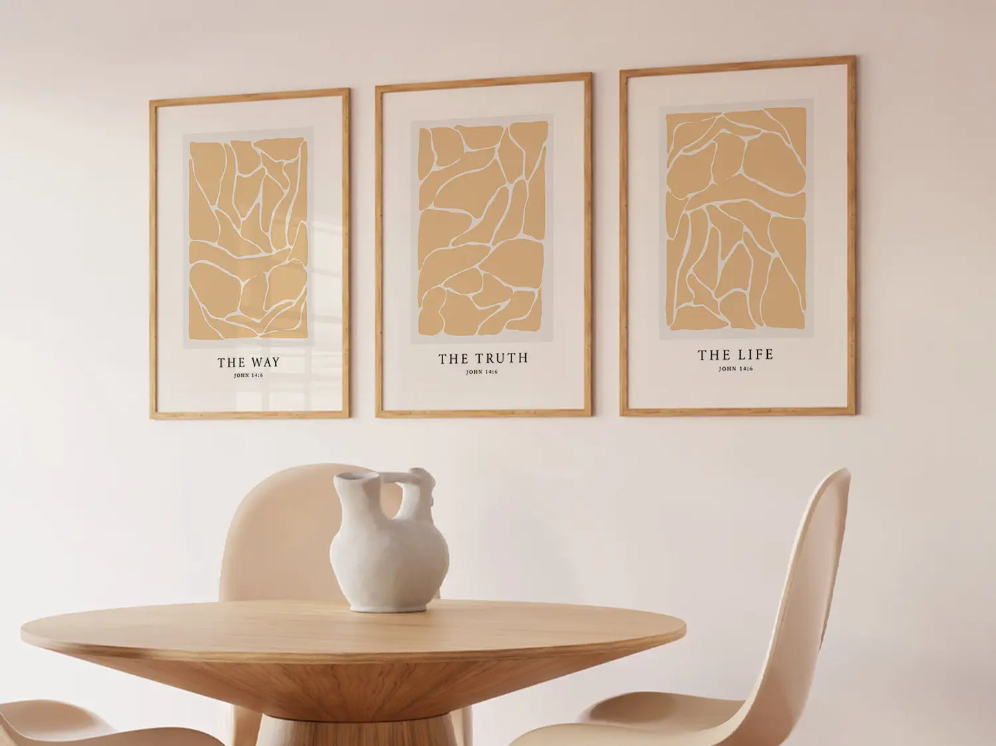 Elevate your space with this inspiring, modern Christian wall art set. This collection of three framed scripture prints features a contemporary abstract design and the powerful truth from John 14:6, perfect for modern or minimalist homes.