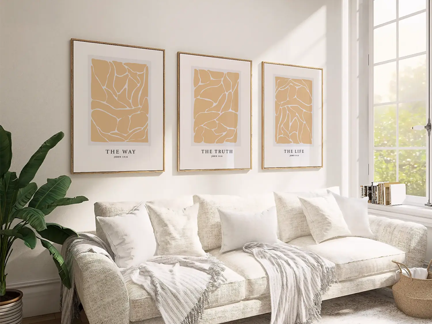 Elevate your space with this inspiring, modern Christian wall art set. This collection of three framed scripture prints features a contemporary abstract design and the powerful truth from John 14:6, perfect for modern or minimalist homes.