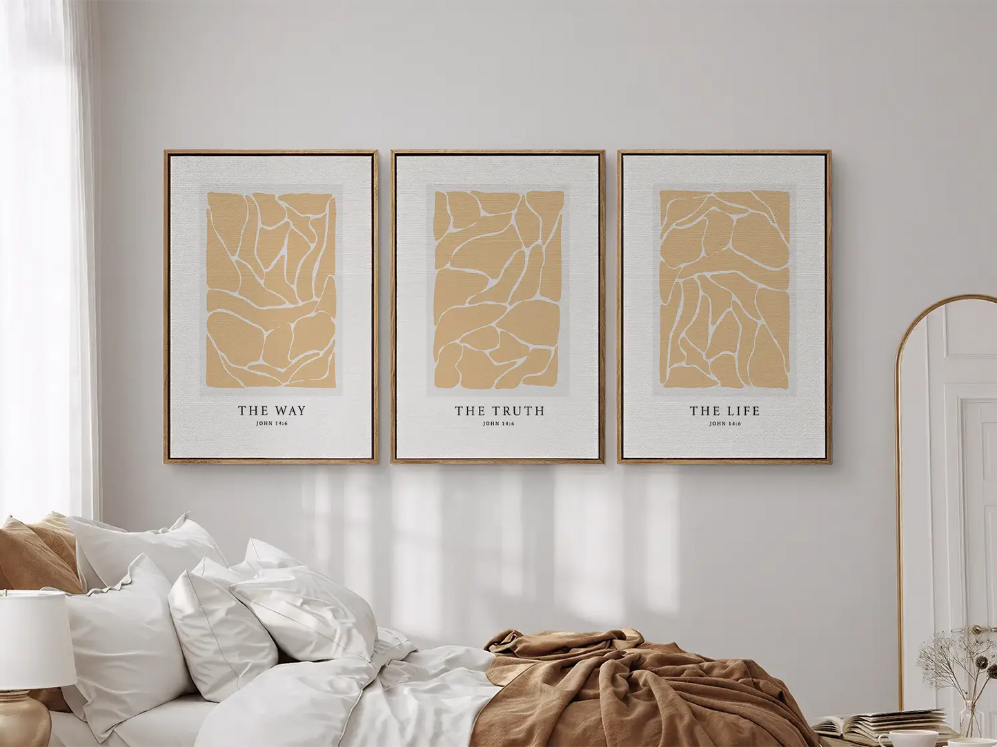 Elevate your space with this inspiring, modern Christian wall art set. This collection of three framed scripture prints features a contemporary abstract design and the powerful truth from John 14:6, perfect for modern or minimalist homes.