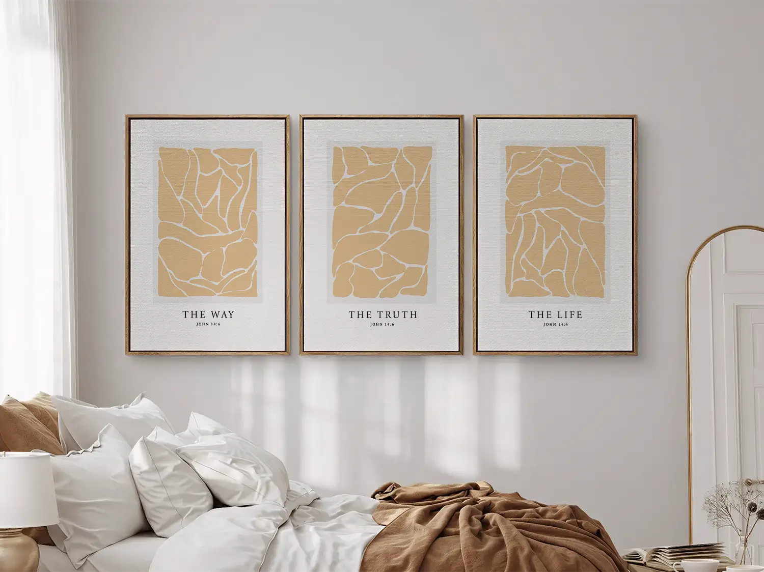 Elevate your space with this inspiring, modern Christian wall art set. This collection of three framed scripture prints features a contemporary abstract design and the powerful truth from John 14:6, perfect for modern or minimalist homes.