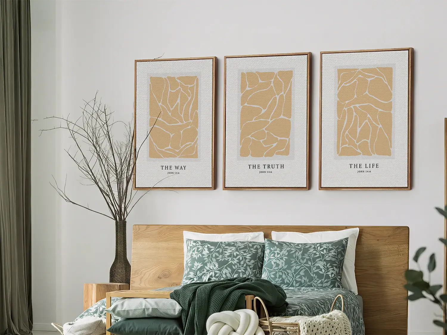 Elevate your space with this inspiring, modern Christian wall art set. This collection of three framed scripture prints features a contemporary abstract design and the powerful truth from John 14:6, perfect for modern or minimalist homes.