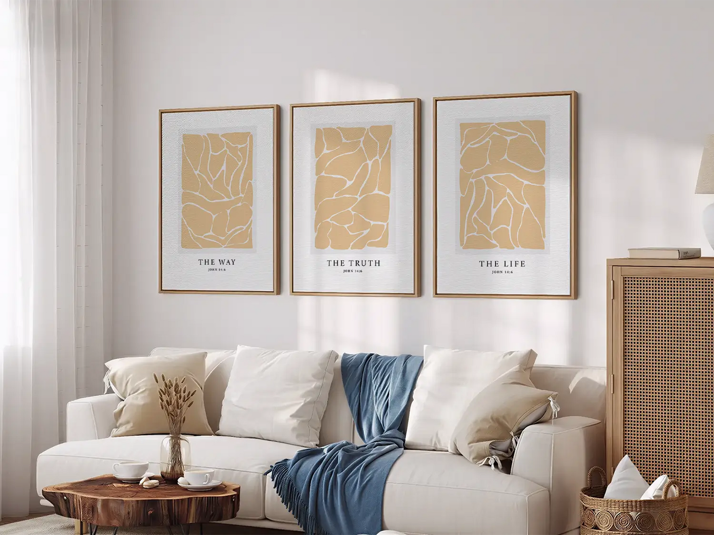 Elevate your space with this inspiring, modern Christian wall art set. This collection of three framed scripture prints features a contemporary abstract design and the powerful truth from John 14:6, perfect for modern or minimalist homes.