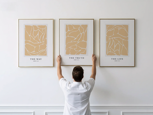 Elevate your space with this inspiring, modern Christian wall art set. This collection of three framed scripture prints features a contemporary abstract design and the powerful truth from John 14:6, perfect for modern or minimalist homes.