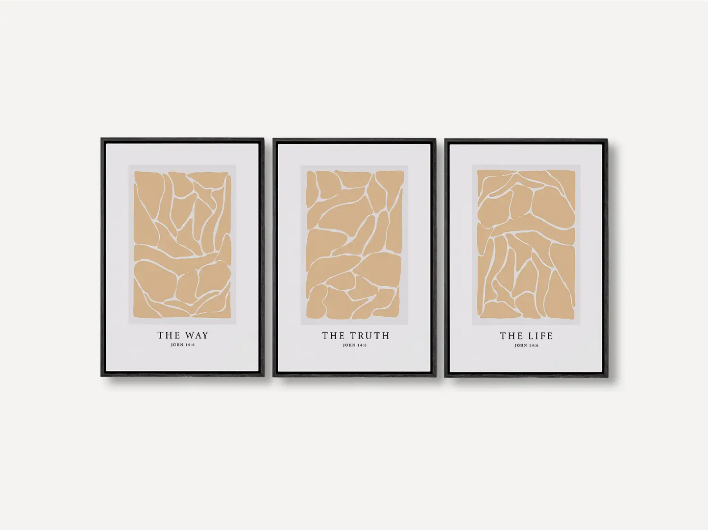 Elevate your space with this inspiring, modern Christian wall art set. This collection of three framed scripture prints features a contemporary abstract design and the powerful truth from John 14:6, perfect for modern or minimalist homes.