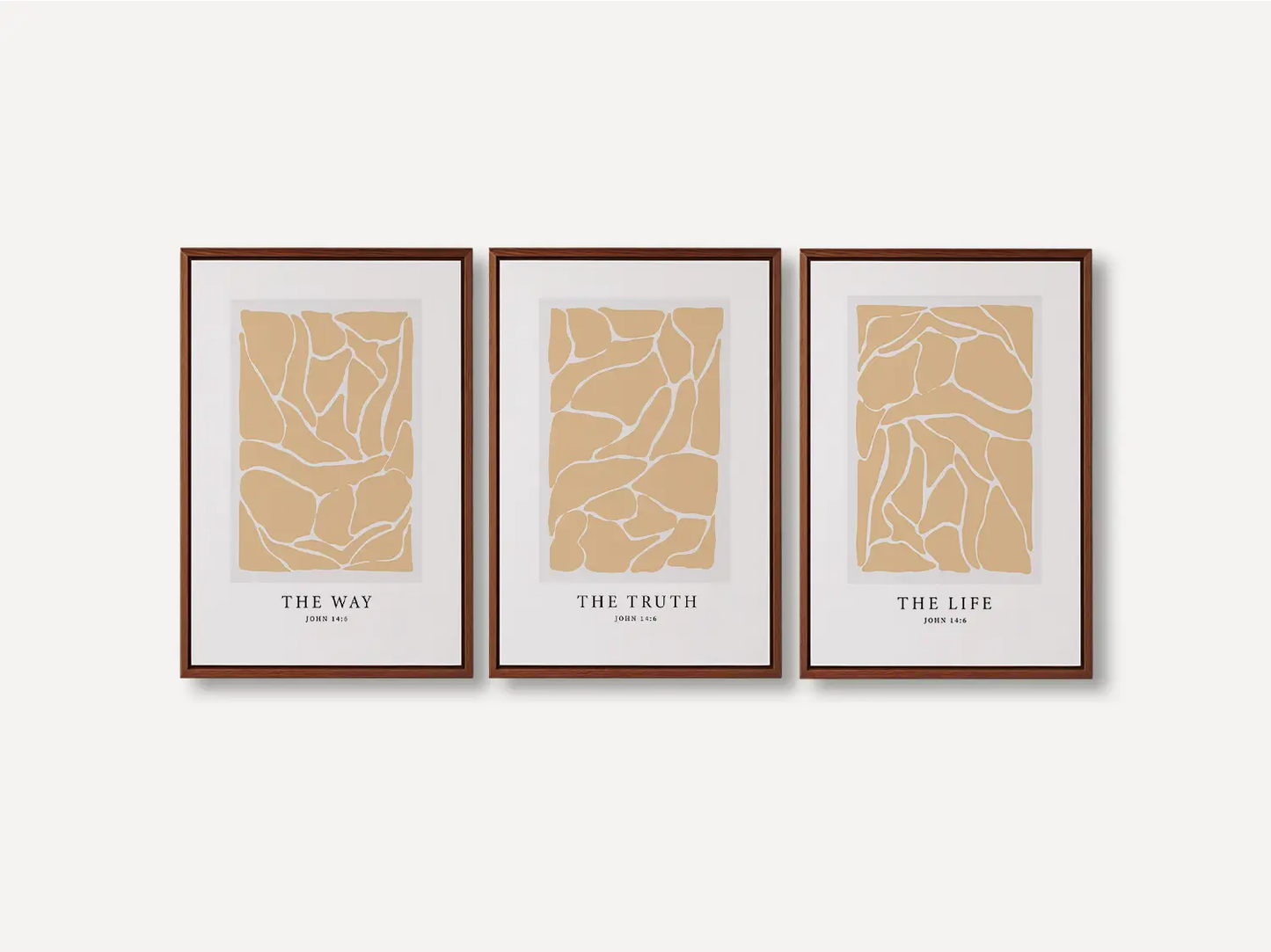 Elevate your space with this inspiring, modern Christian wall art set. This collection of three framed scripture prints features a contemporary abstract design and the powerful truth from John 14:6, perfect for modern or minimalist homes.