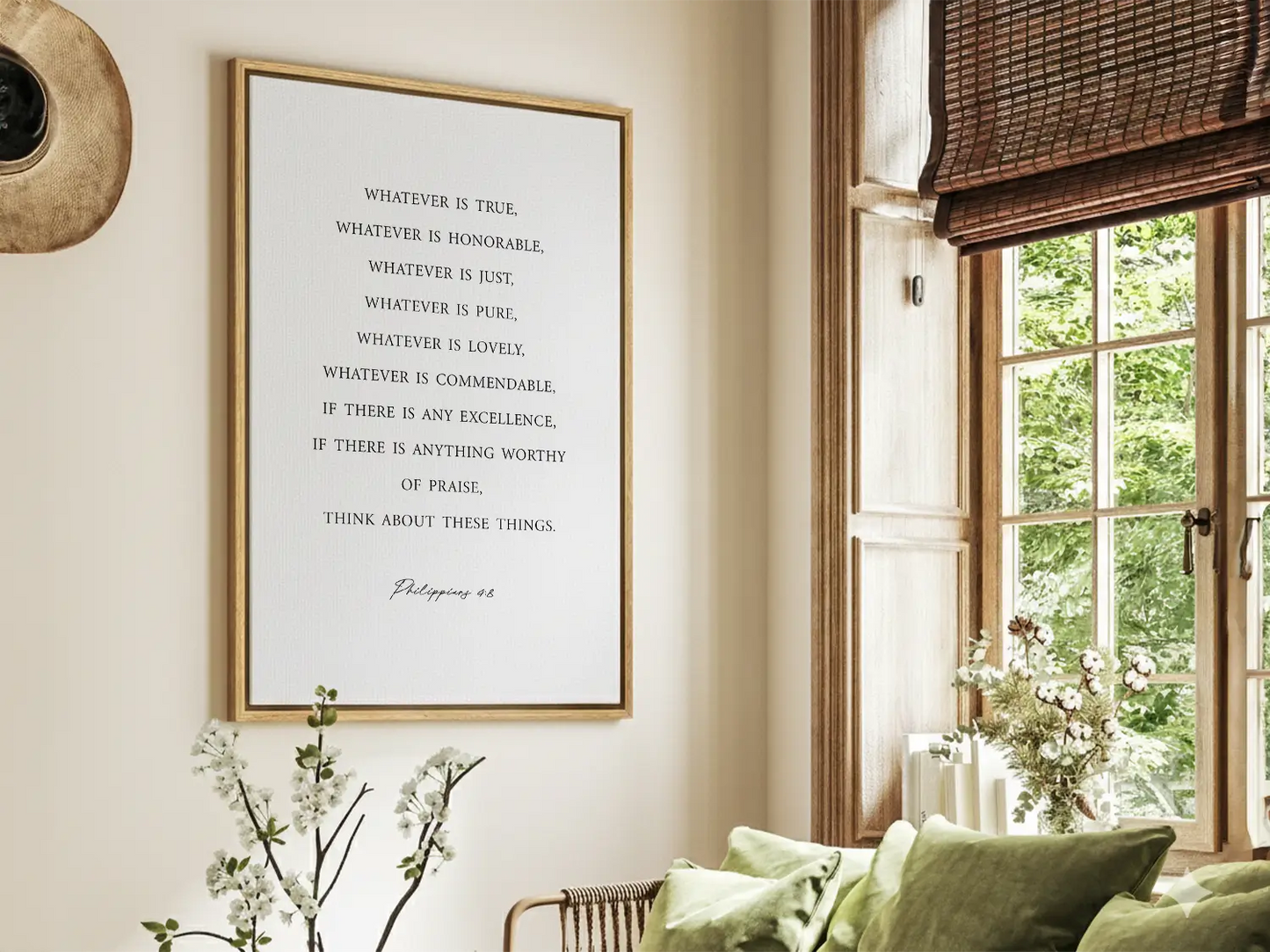 Anchor your thoughts in positivity and truth with this inspiring Christian canvas wall art. This framed canvas print features a clean, minimalist design and the profound wisdom from Philippians 4:8—a daily guide for spiritual focus.