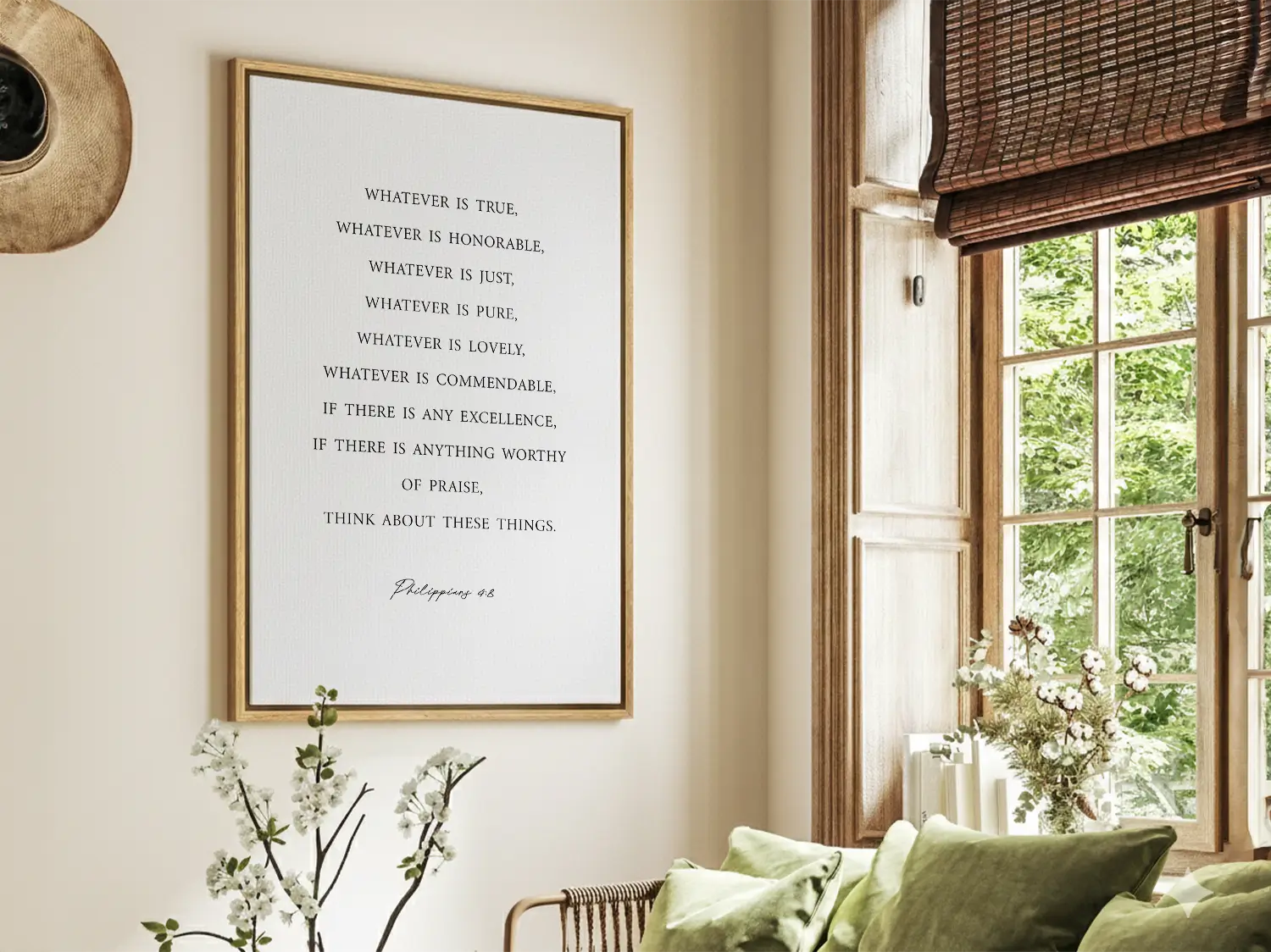 Anchor your thoughts in positivity and truth with this inspiring Christian canvas wall art. This framed canvas print features a clean, minimalist design and the profound wisdom from Philippians 4:8—a daily guide for spiritual focus.