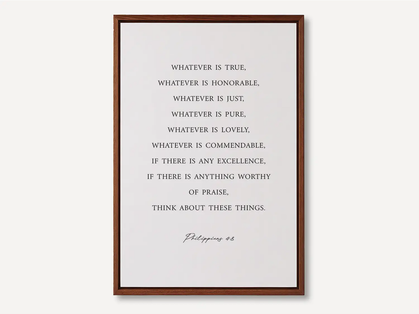 Anchor your thoughts in positivity and truth with this inspiring Christian canvas wall art. This framed canvas print features a clean, minimalist design and the profound wisdom from Philippians 4:8—a daily guide for spiritual focus.