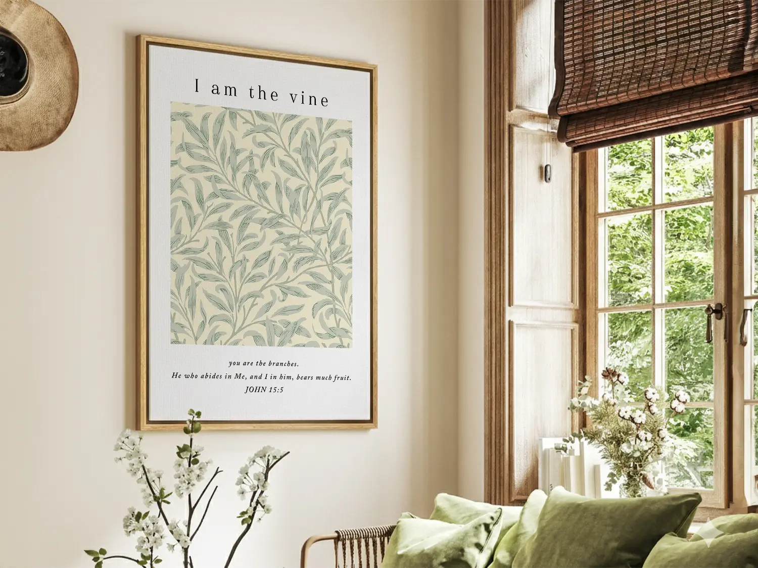 Anchor your home in the source of life and fruitfulness with this inspiring Christian canvas wall art. This framed canvas print features a beautiful botanical pattern paired with the essential truth from John 15:5: "I am the vine; you are the branches."