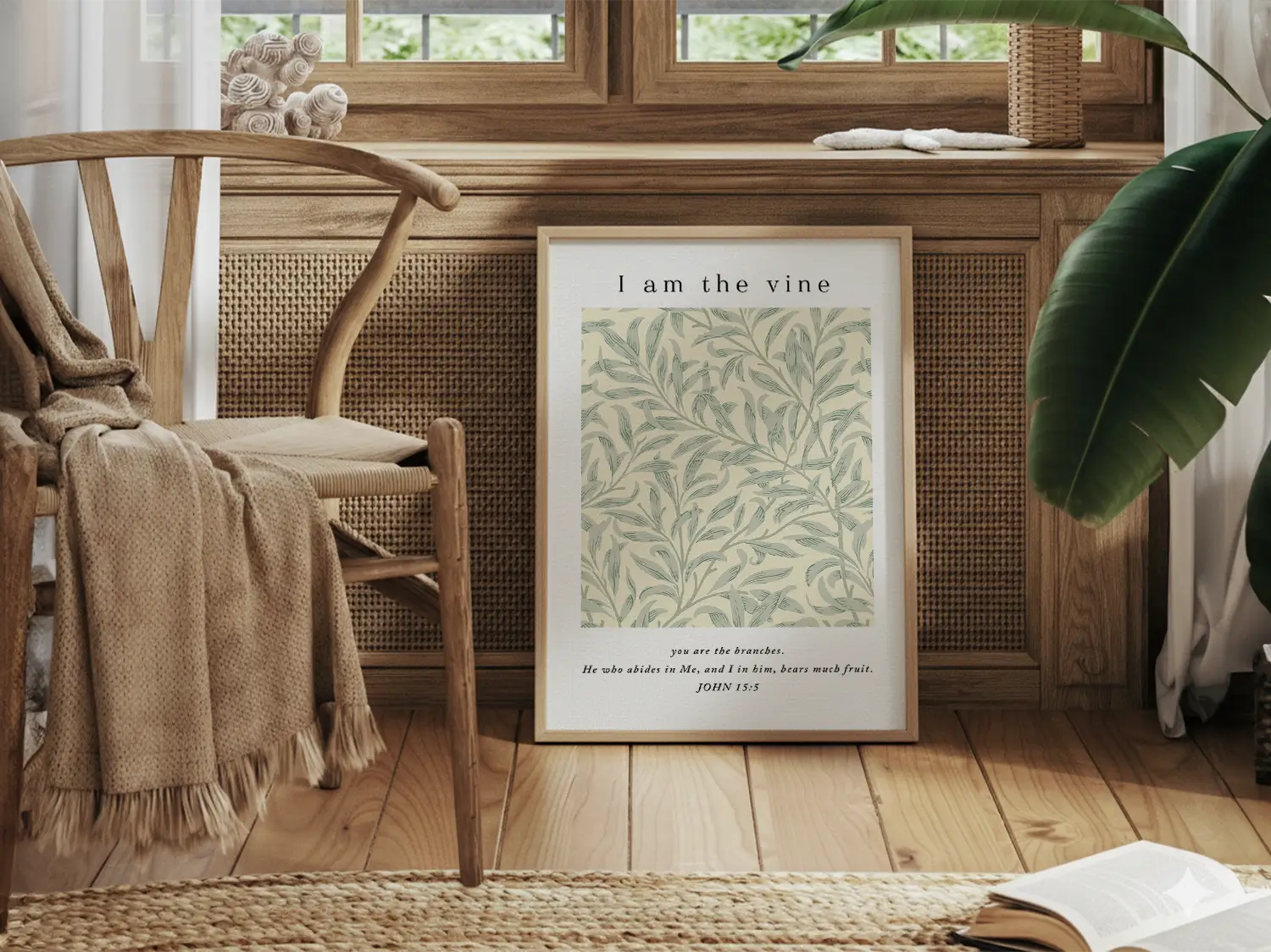 Anchor your home in the source of life and fruitfulness with this inspiring Christian canvas wall art. This framed canvas print features a beautiful botanical pattern paired with the essential truth from John 15:5: "I am the vine; you are the branches."