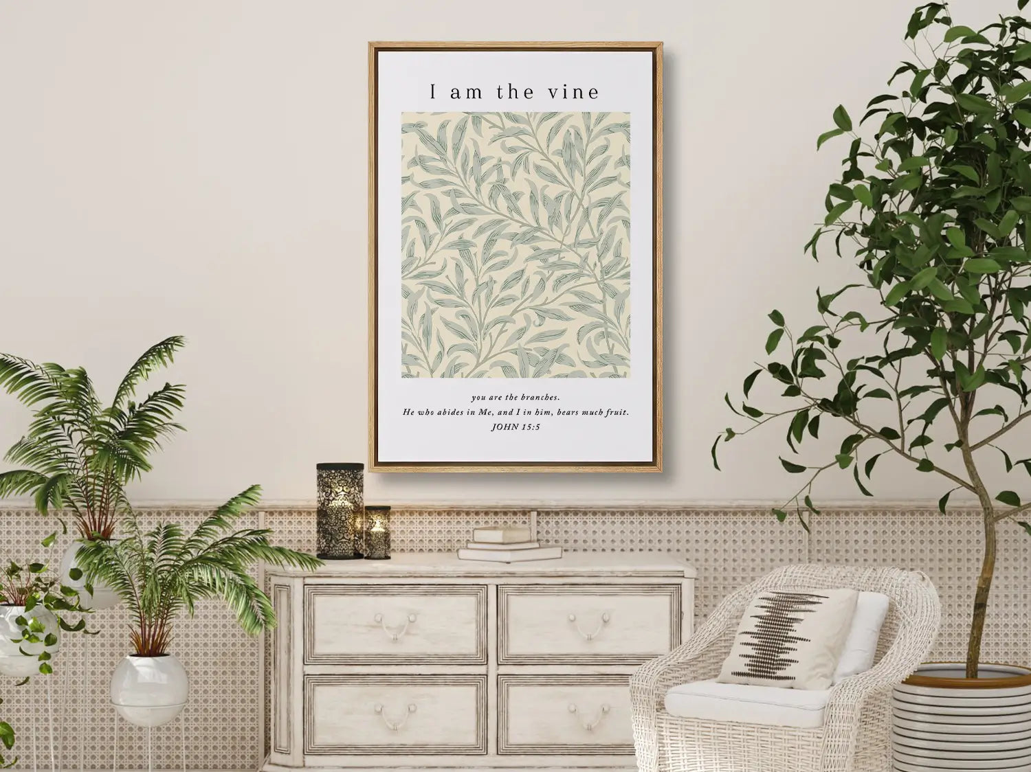 Anchor your home in the source of life and fruitfulness with this inspiring Christian canvas wall art. This framed canvas print features a beautiful botanical pattern paired with the essential truth from John 15:5: "I am the vine; you are the branches."