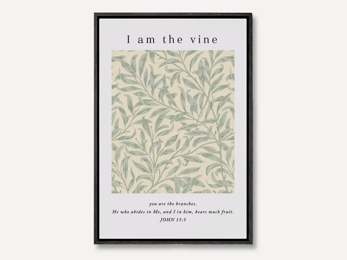 Anchor your home in the source of life and fruitfulness with this inspiring Christian canvas wall art. This framed canvas print features a beautiful botanical pattern paired with the essential truth from John 15:5: "I am the vine; you are the branches."