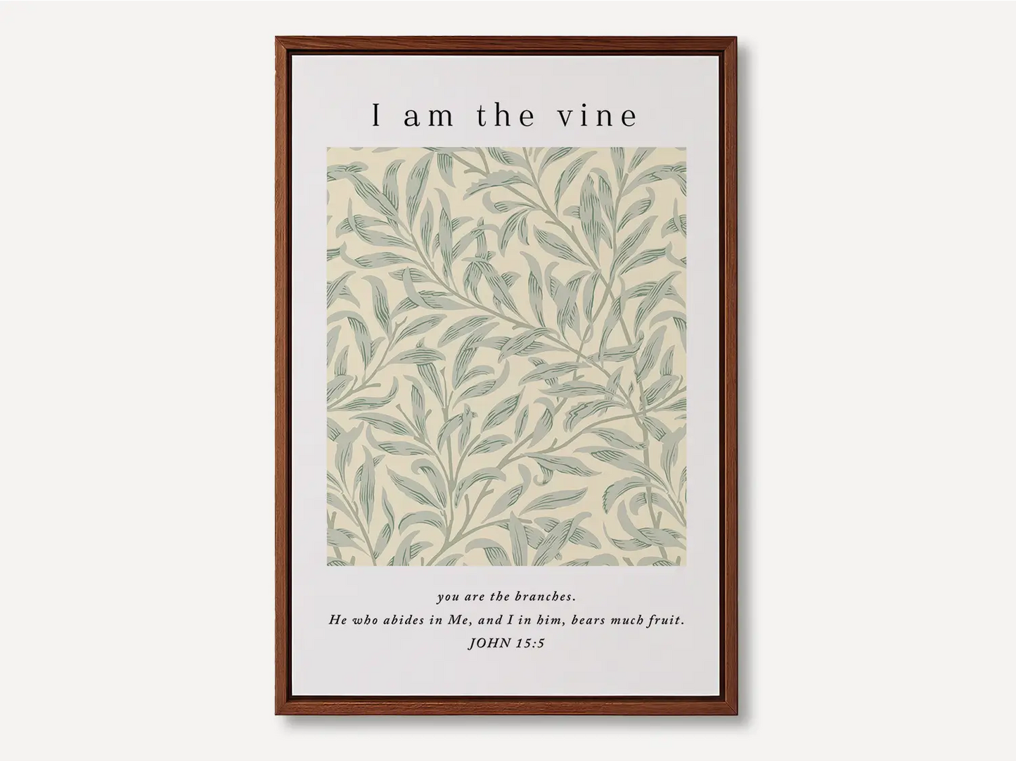 Anchor your home in the source of life and fruitfulness with this inspiring Christian canvas wall art. This framed canvas print features a beautiful botanical pattern paired with the essential truth from John 15:5: "I am the vine; you are the branches."