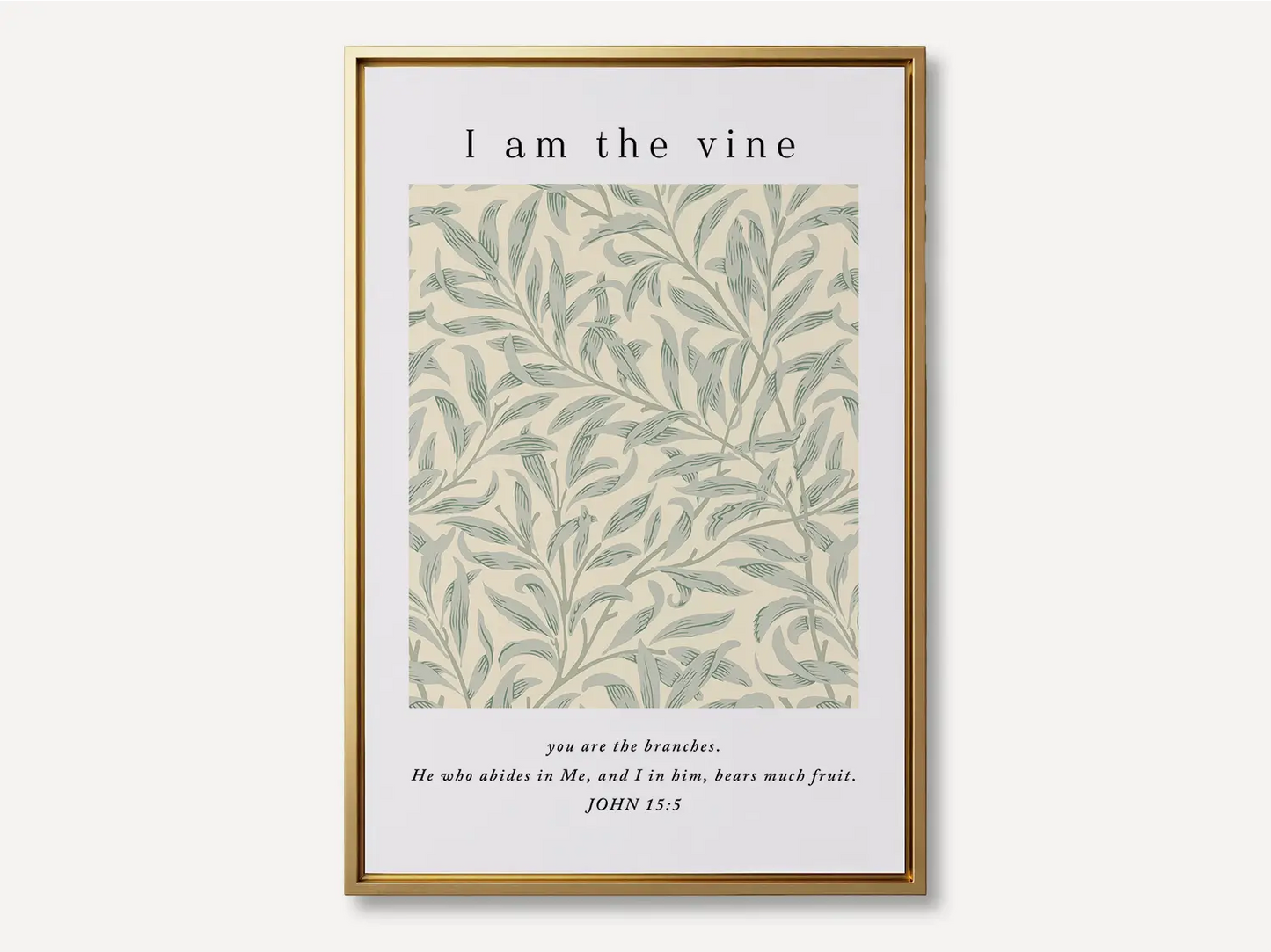 Anchor your home in the source of life and fruitfulness with this inspiring Christian canvas wall art. This framed canvas print features a beautiful botanical pattern paired with the essential truth from John 15:5: "I am the vine; you are the branches."