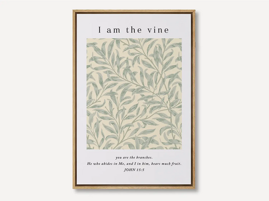 Anchor your home in the source of life and fruitfulness with this inspiring Christian canvas wall art. This framed canvas print features a beautiful botanical pattern paired with the essential truth from John 15:5: "I am the vine; you are the branches."