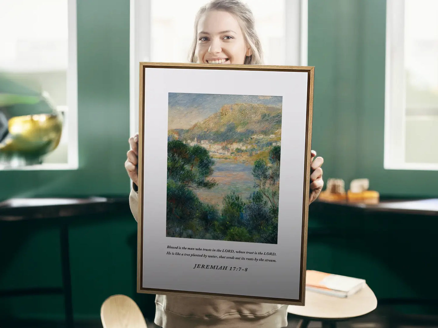Anchor your life in unfailing trust with this inspiring Christian canvas wall art. This framed canvas print features a beautiful Mediterranean landscape painting paired with the comforting promise from Jeremiah 17:7-8 about being like a tree planted by water.