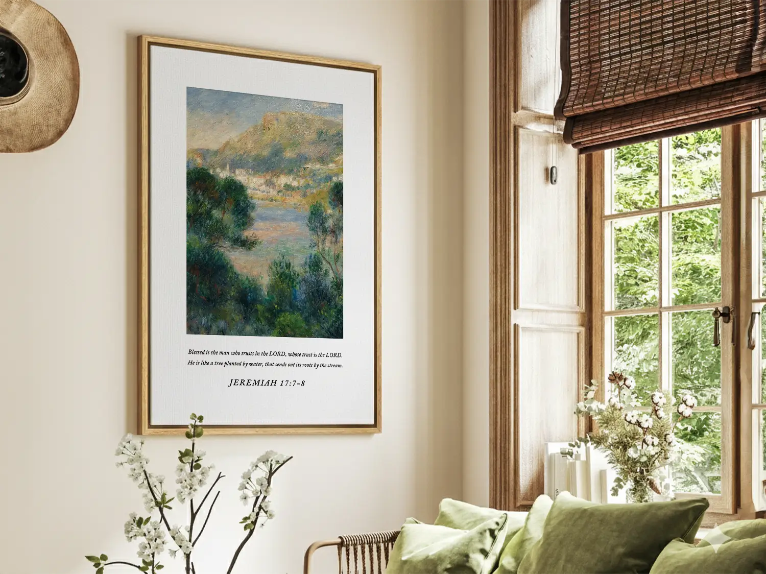 Anchor your life in unfailing trust with this inspiring Christian canvas wall art. This framed canvas print features a beautiful Mediterranean landscape painting paired with the comforting promise from Jeremiah 17:7-8 about being like a tree planted by water.