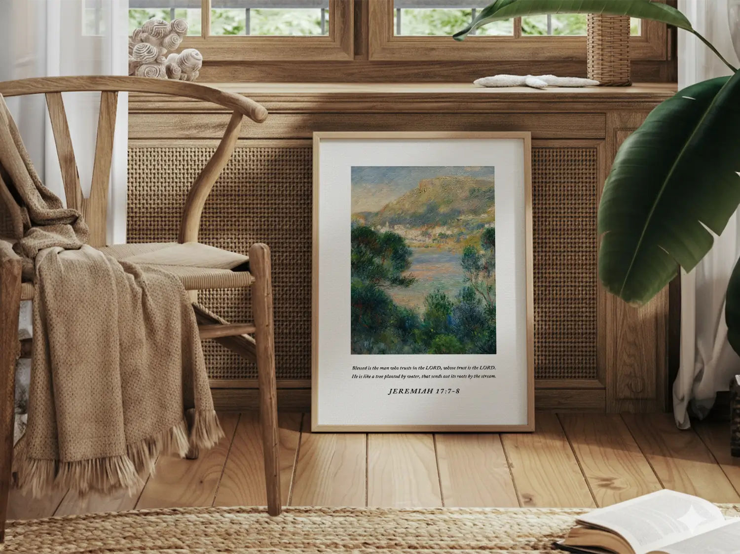 Anchor your life in unfailing trust with this inspiring Christian canvas wall art. This framed canvas print features a beautiful Mediterranean landscape painting paired with the comforting promise from Jeremiah 17:7-8 about being like a tree planted by water.
