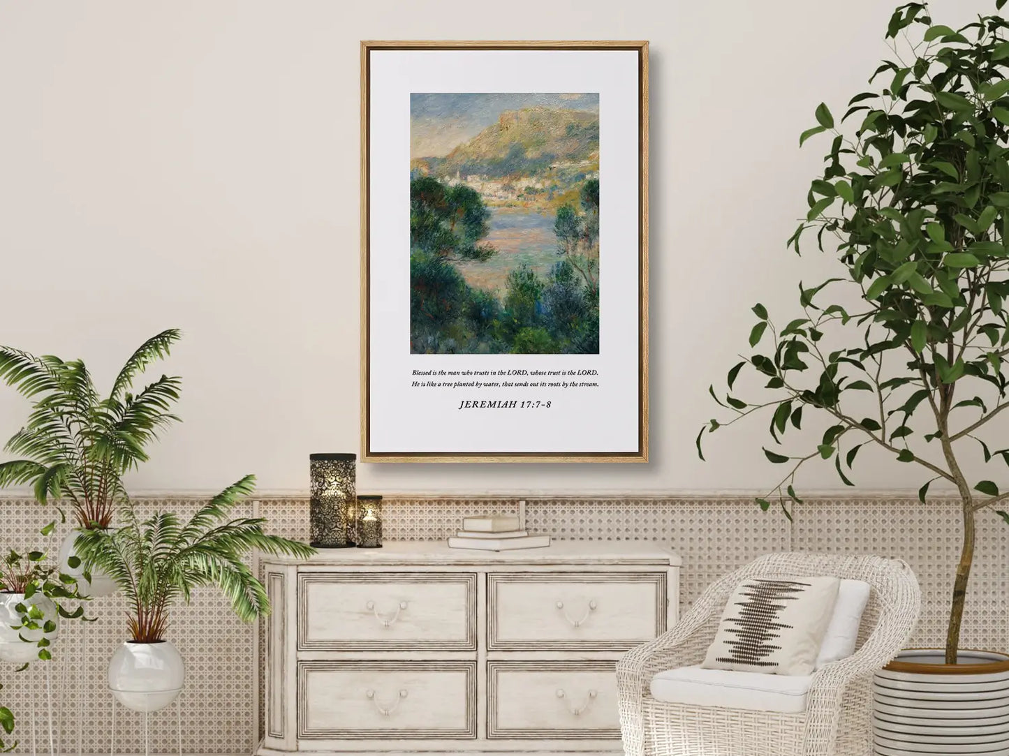 Anchor your life in unfailing trust with this inspiring Christian canvas wall art. This framed canvas print features a beautiful Mediterranean landscape painting paired with the comforting promise from Jeremiah 17:7-8 about being like a tree planted by water.