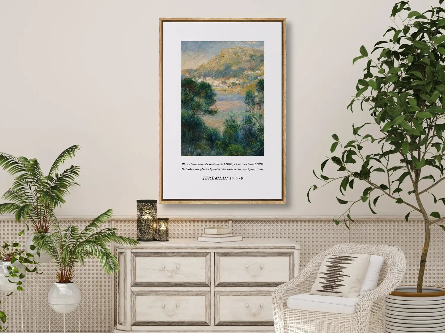 Anchor your life in unfailing trust with this inspiring Christian canvas wall art. This framed canvas print features a beautiful Mediterranean landscape painting paired with the comforting promise from Jeremiah 17:7-8 about being like a tree planted by water.