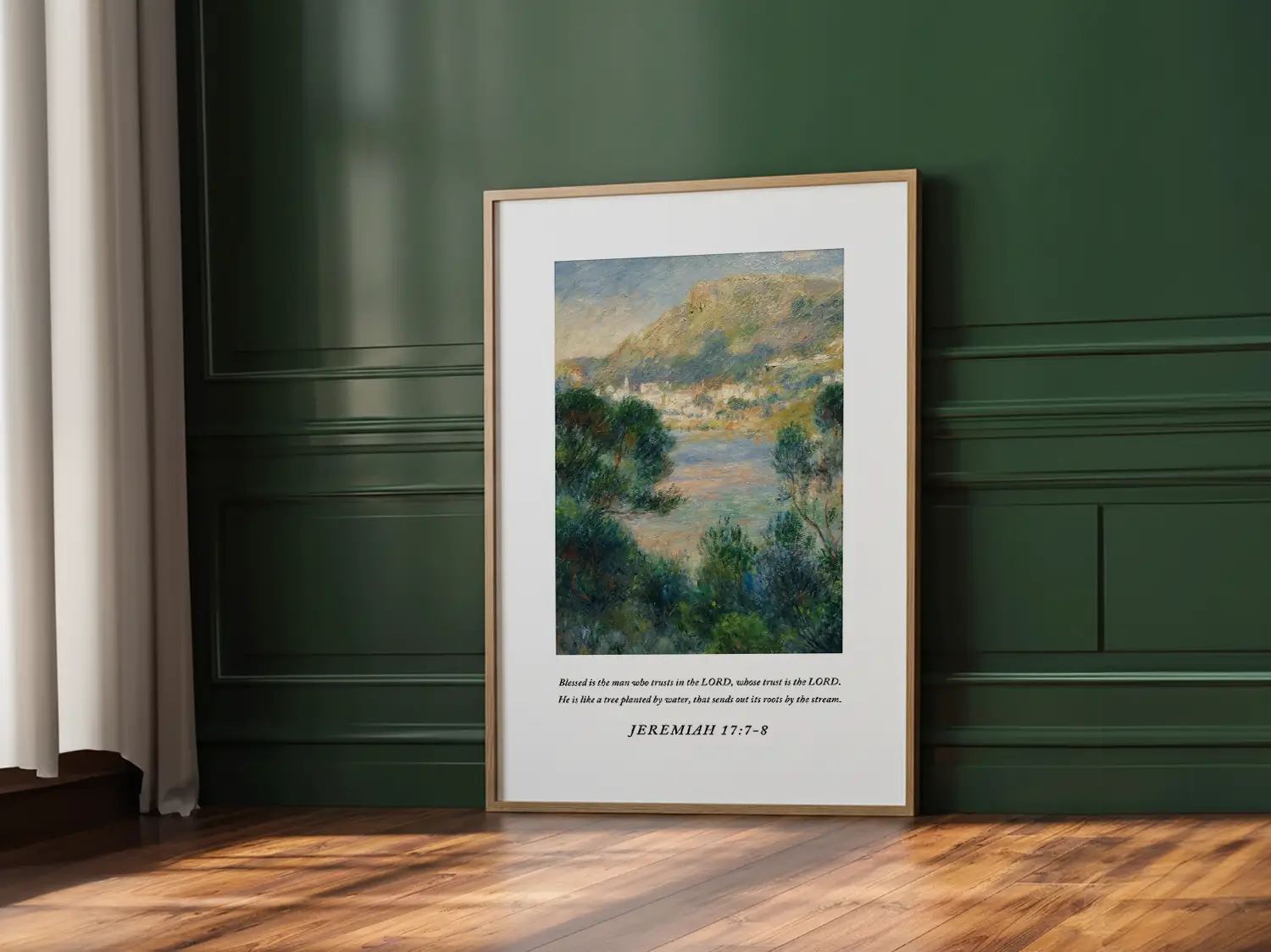 Anchor your life in unfailing trust with this inspiring Christian canvas wall art. This framed canvas print features a beautiful Mediterranean landscape painting paired with the comforting promise from Jeremiah 17:7-8 about being like a tree planted by water.