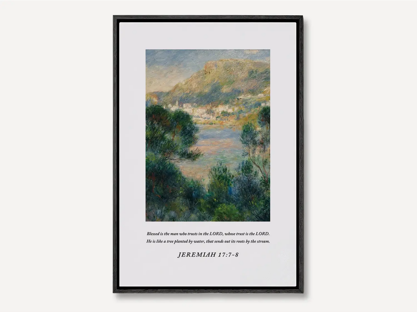 Anchor your life in unfailing trust with this inspiring Christian canvas wall art. This framed canvas print features a beautiful Mediterranean landscape painting paired with the comforting promise from Jeremiah 17:7-8 about being like a tree planted by water.