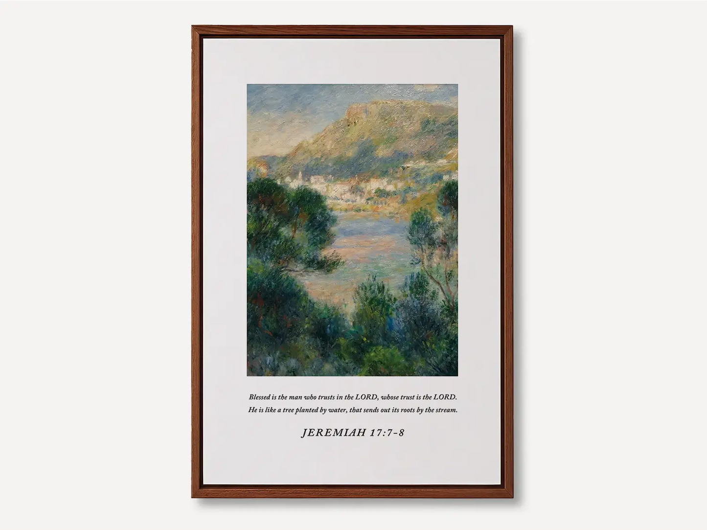 Anchor your life in unfailing trust with this inspiring Christian canvas wall art. This framed canvas print features a beautiful Mediterranean landscape painting paired with the comforting promise from Jeremiah 17:7-8 about being like a tree planted by water.