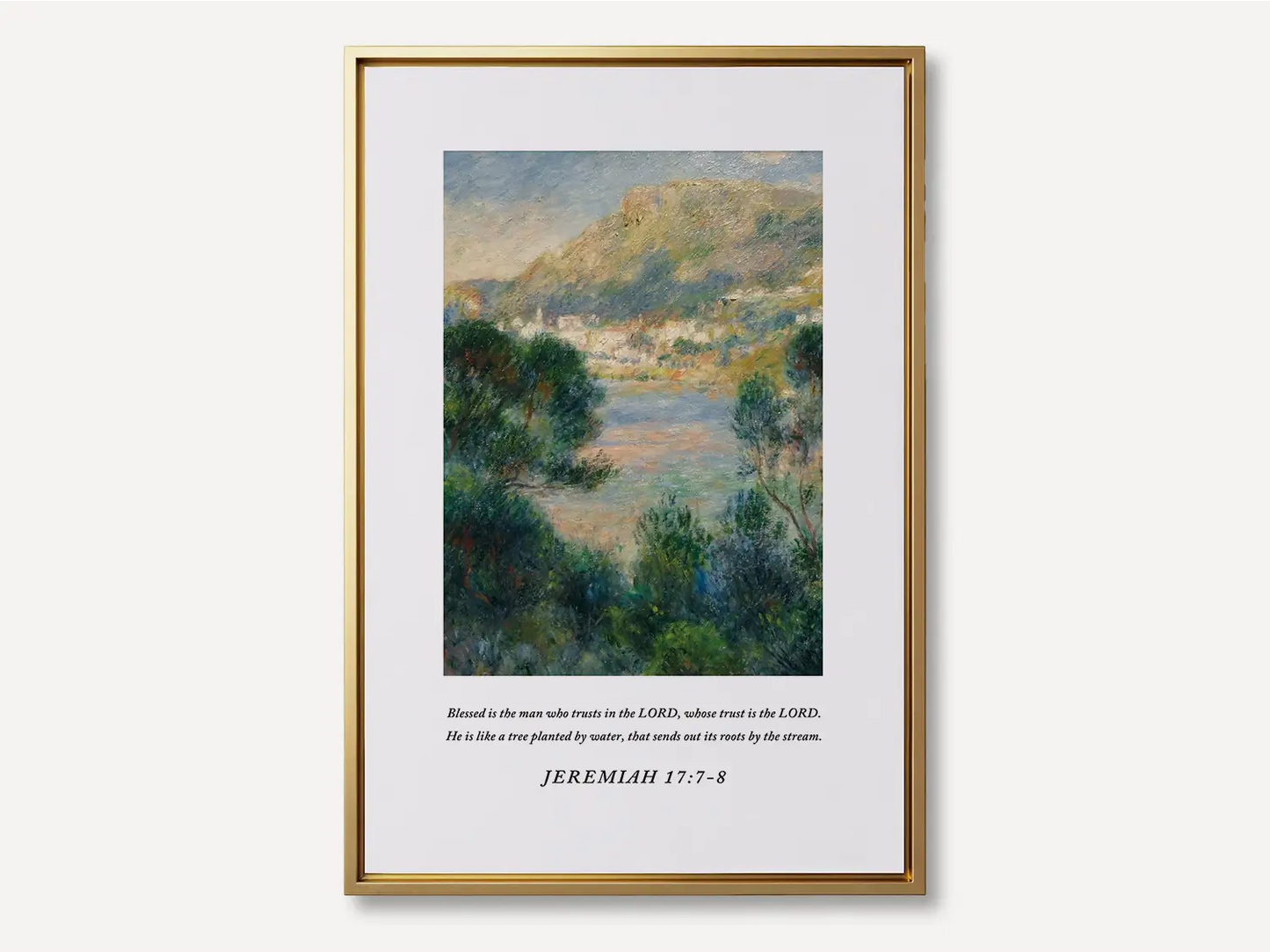 Anchor your life in unfailing trust with this inspiring Christian canvas wall art. This framed canvas print features a beautiful Mediterranean landscape painting paired with the comforting promise from Jeremiah 17:7-8 about being like a tree planted by water.