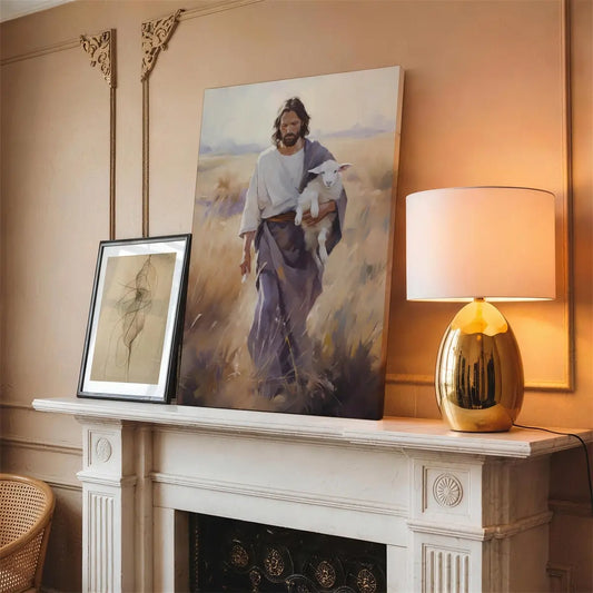 Carried by the Shepherd Christian canvas art showing Jesus holding a lamb