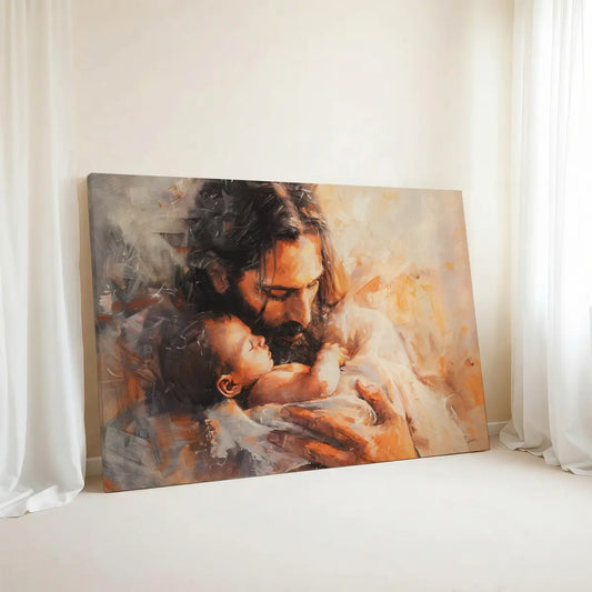 Held by Jesus Christian canvas art showing Jesus holding a child