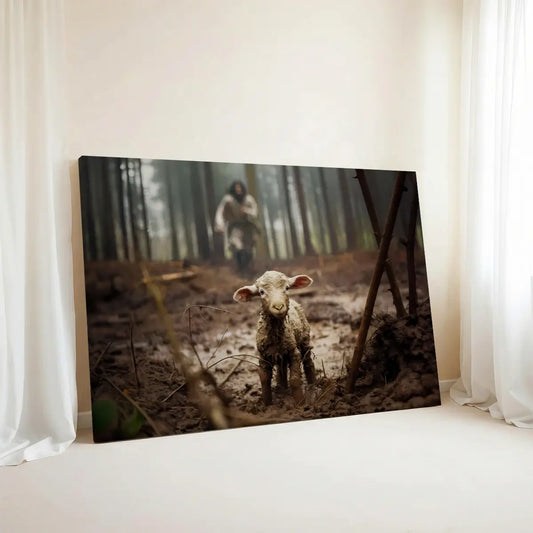 Jesus saves the lamb Christian canvas art showing Christ rescuing the lamb