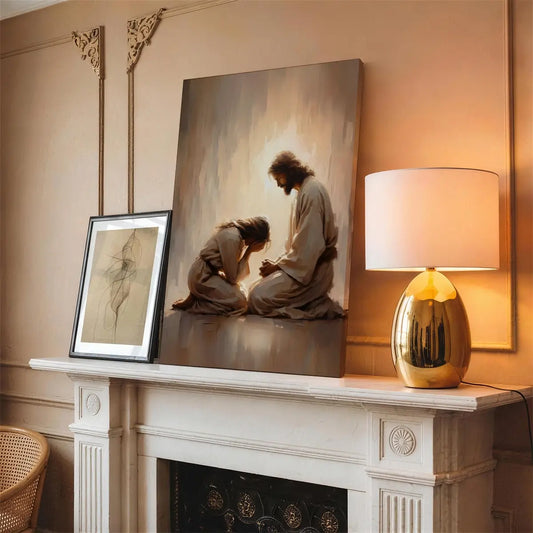 Jesus Weeps With You Christian canvas art showing Jesus comforting a grieving woman