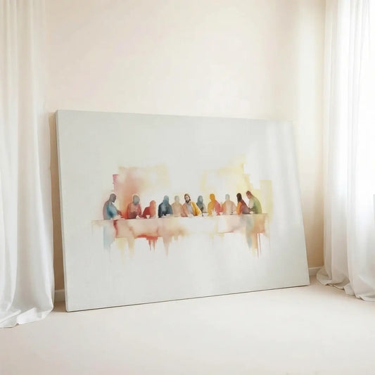Minimalist Last Supper watercolor canvas with soft neutral tones