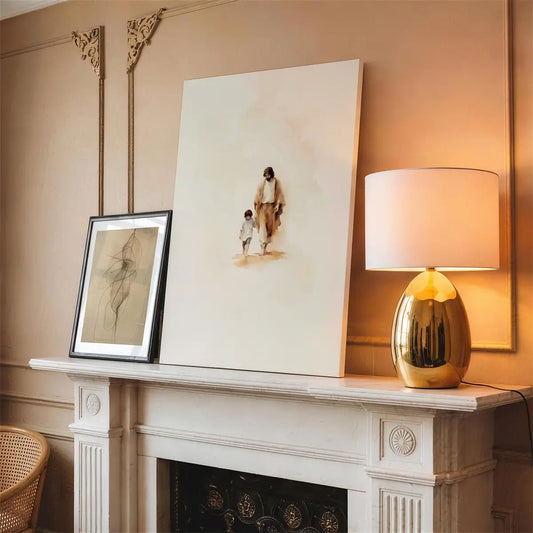 Walking with Jesus Christian canvas art showing Jesus holding a child’s hand